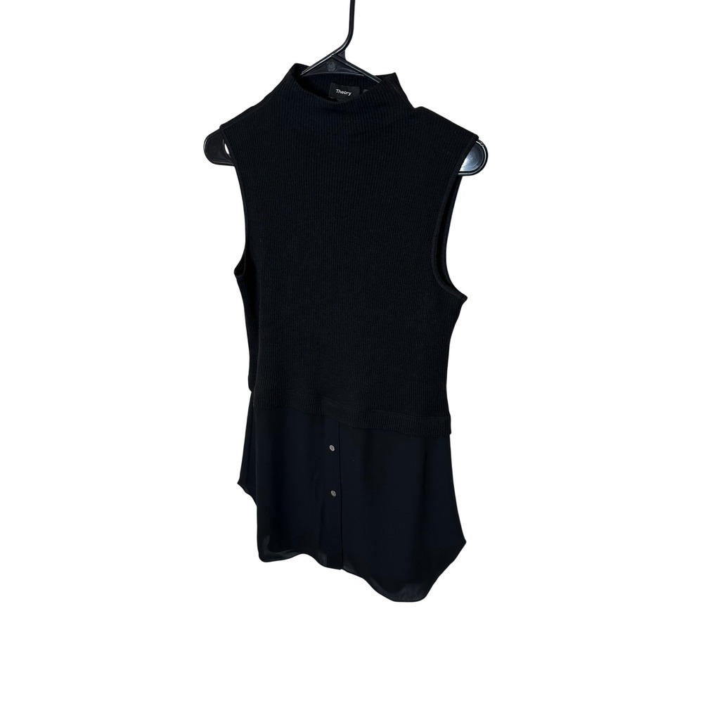 Theory Womens Black Mixed Media Ribbed Mock Neck Sleeveless Chiffon Hem Top M